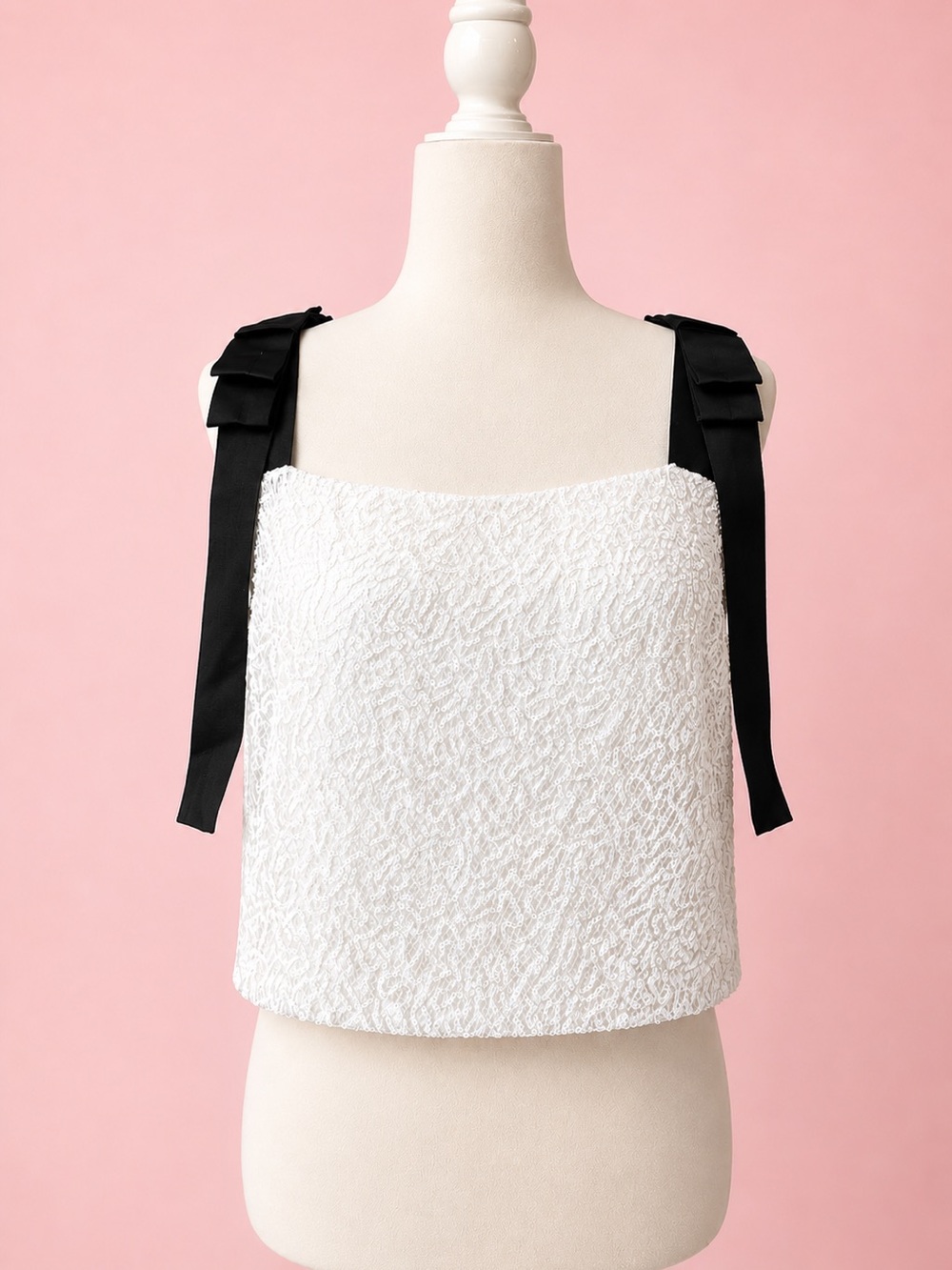 Custom-Made White Sequin Lace Cami Top with Black Bow Straps